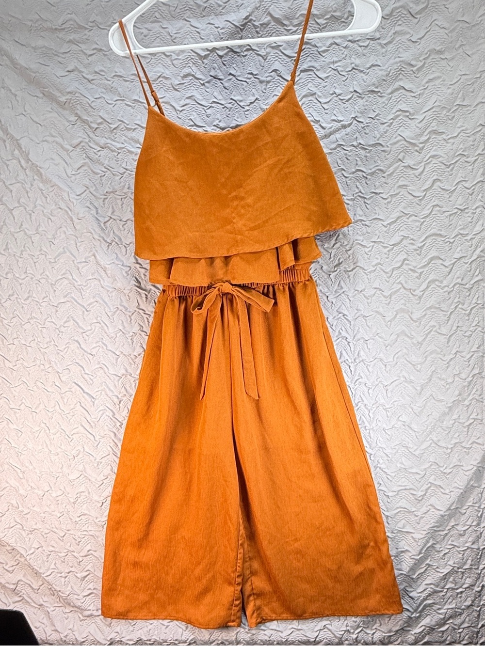 One Clothing Rust Orange Ruffle Wide Leg Cropped Jumpsuit Medium